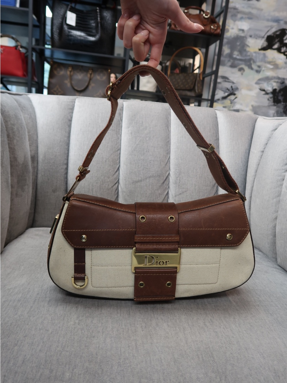 Dior Brown & Cream Canvas Shoulder Bag with Gold Hardware